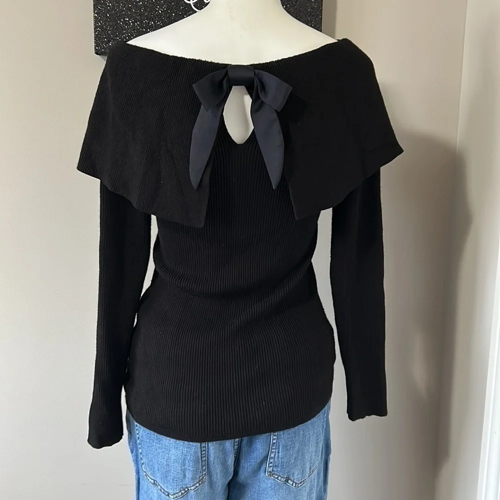 White House Black Market Bow Back Sweater Black Long Sleeve Keyhole Sz S - Picture 8 of 12